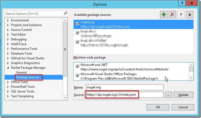 nuget.org in Visual Studio settings dialog