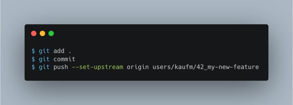 $ git add .
$ git commit -m "New feature #42"
$ git push --set-upstream origin users/kaufm/42_new-feature